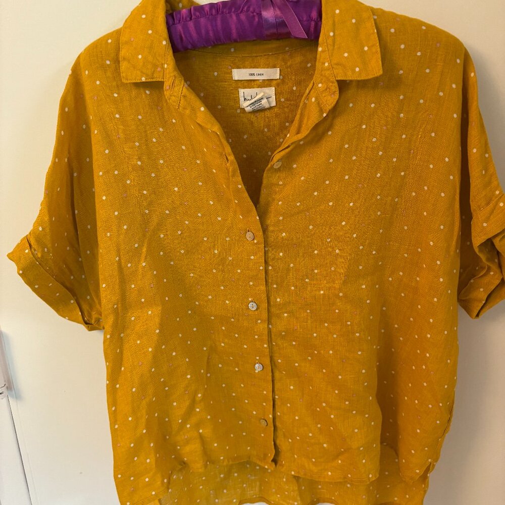 Yellow Linen Blouse with Pink and White Polka Dots